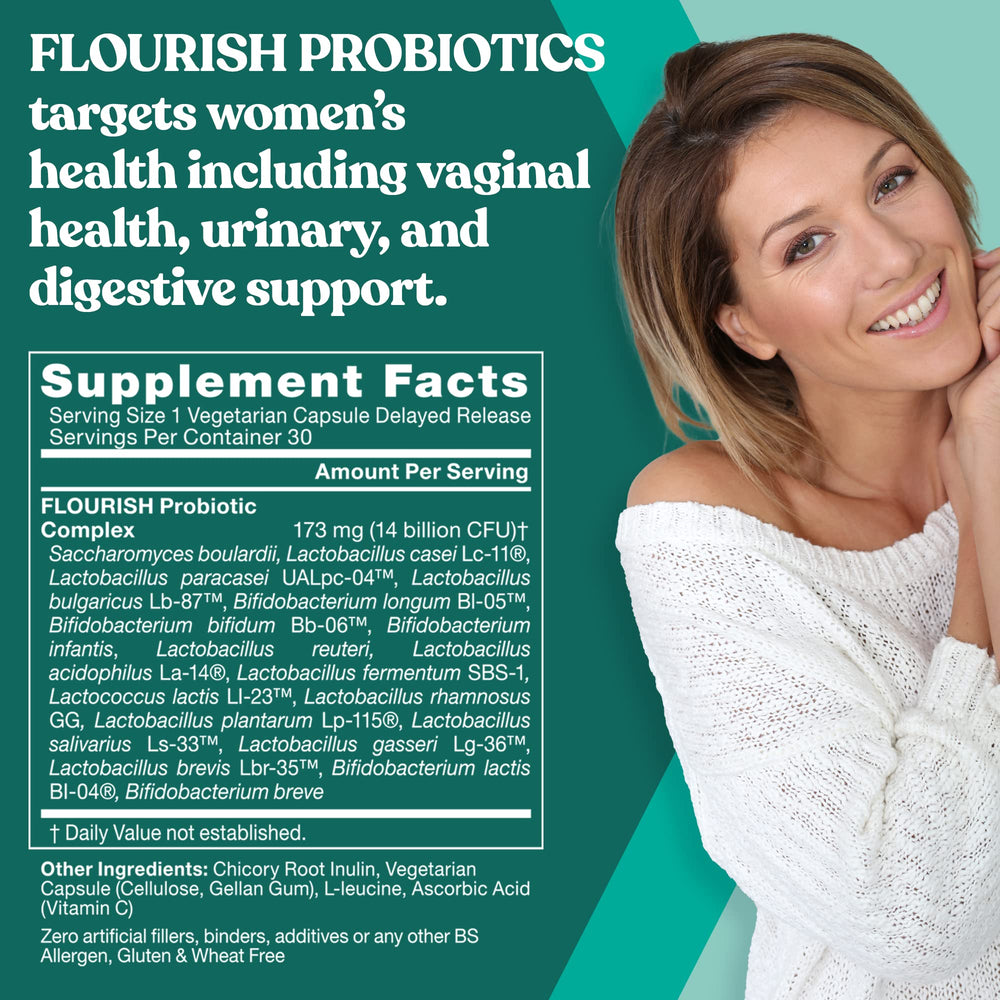 Woman taking Flourish capsule during daily wellness routine.