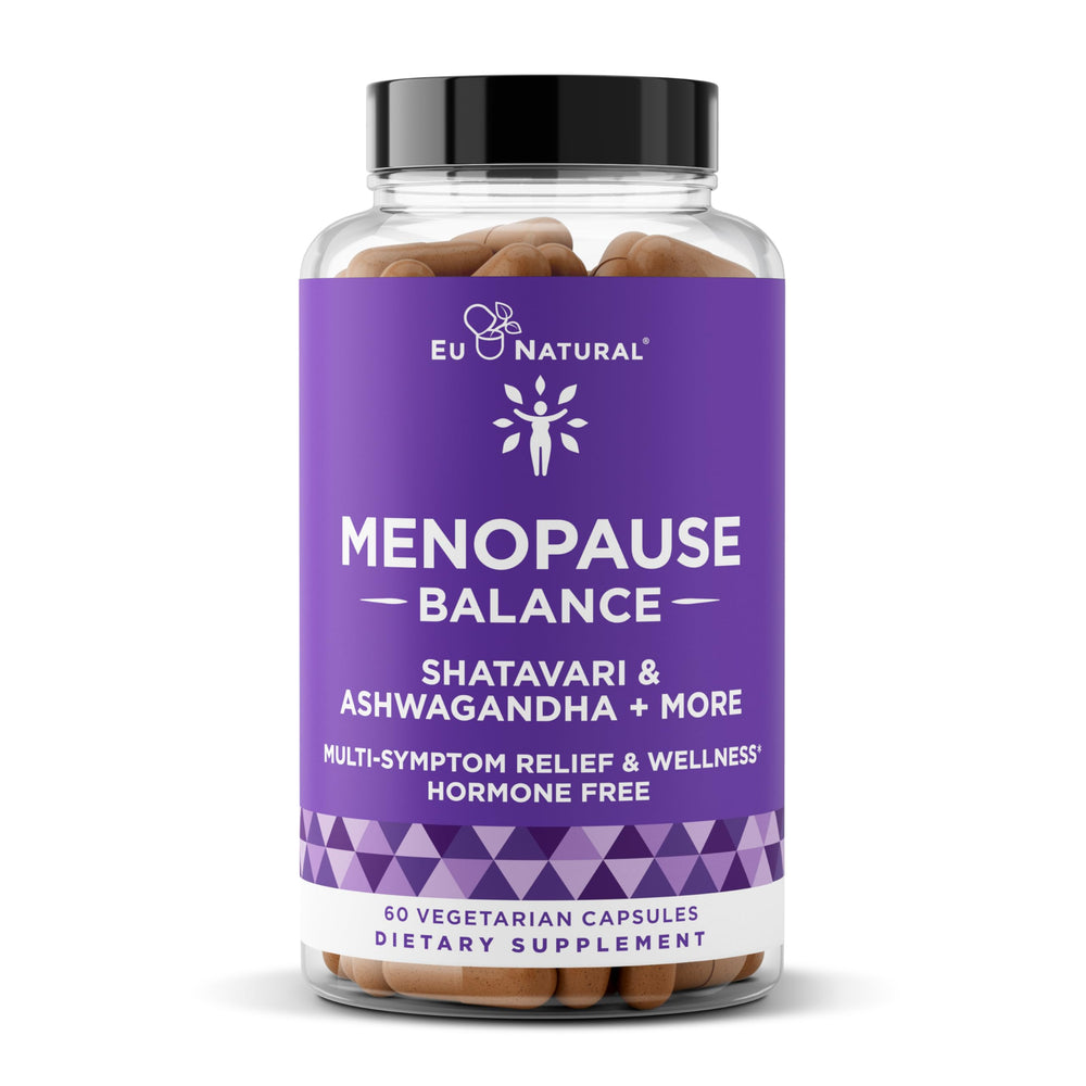 Eu Natural Menopause Balance bottle close-up showing doctor-formulated multi-symptom support