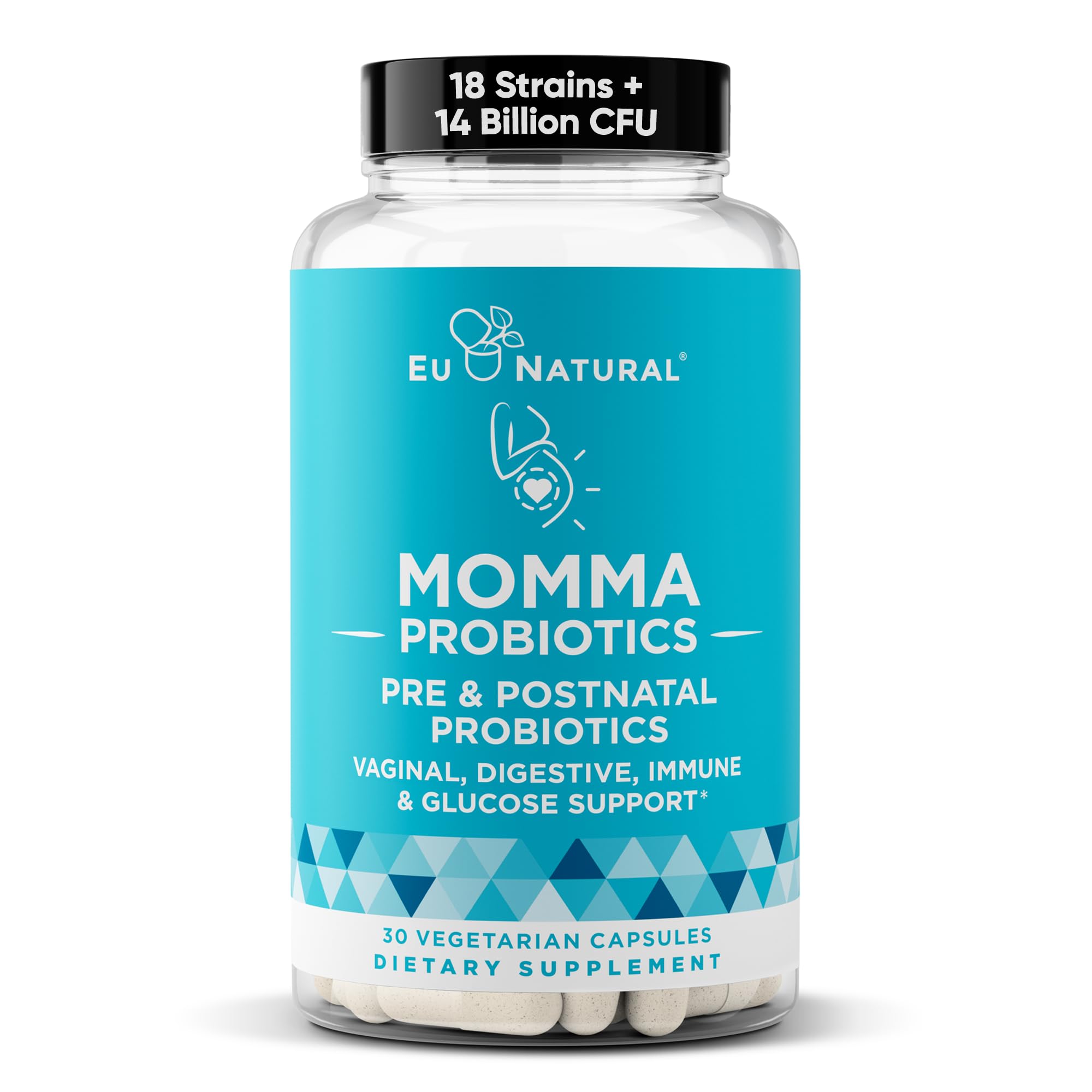 Eu Natural Momma Prenatal Probiotics bottle for daily gut support during pregnancy.