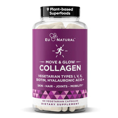 Eu Natural Move & Glow bottle closeup highlighting vegetarian collagen capsules for skin hydration and supporting joints.
