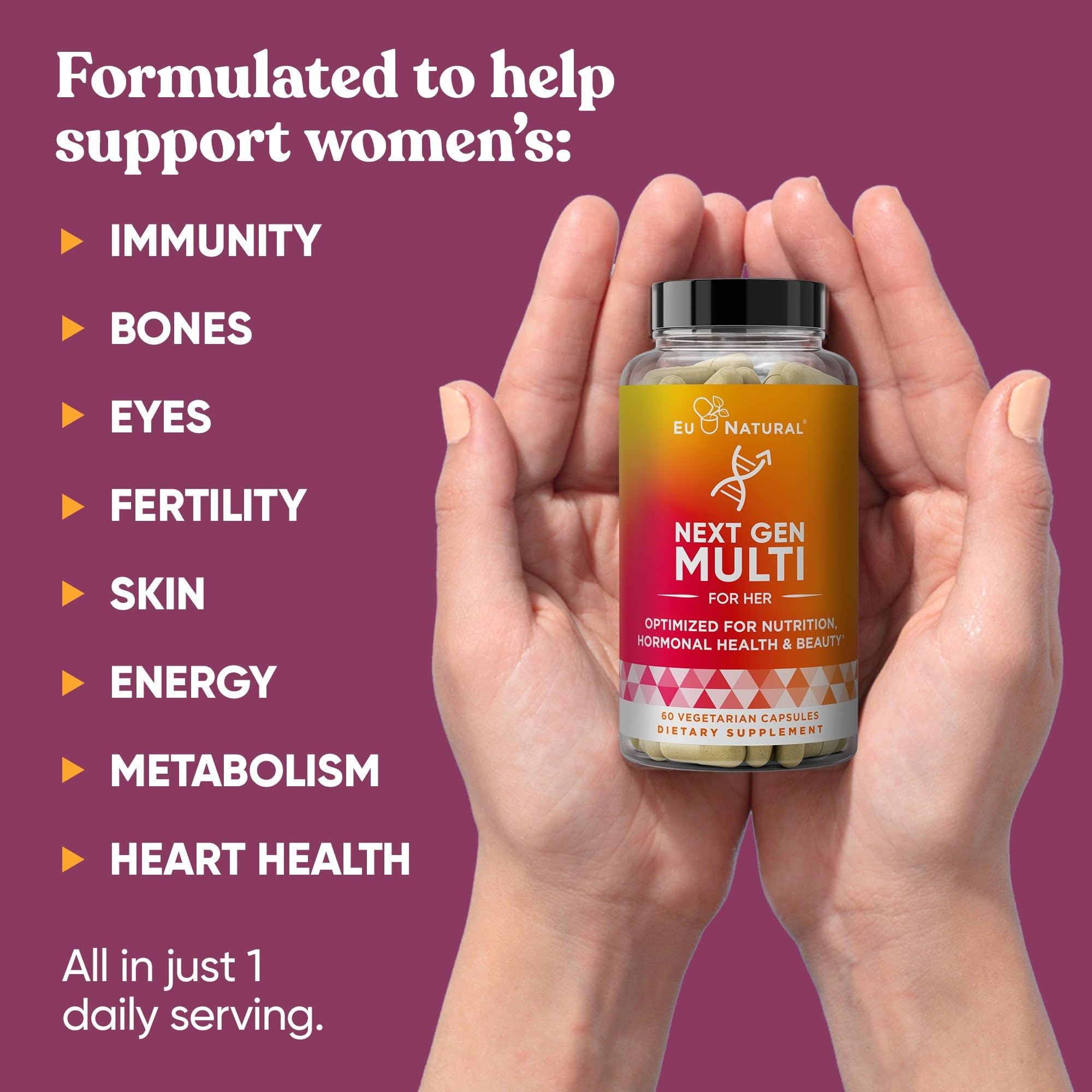 Eu Natural Next Gen multivitamin bottle pour showing easy daily serving
