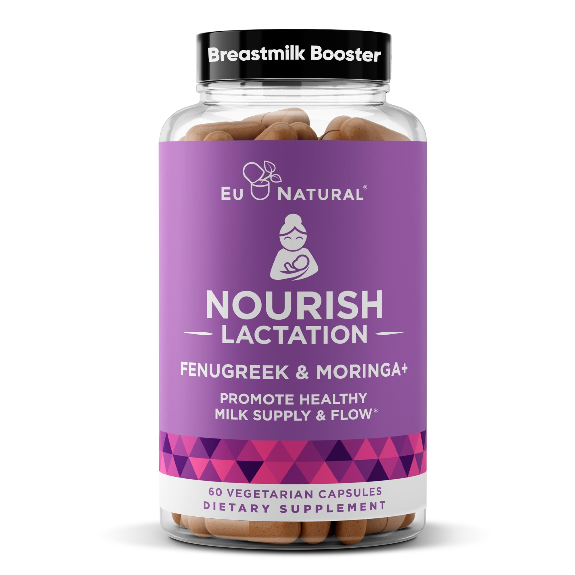 Eu Natural Nourish lactation bottle with capsules for postpartum support.