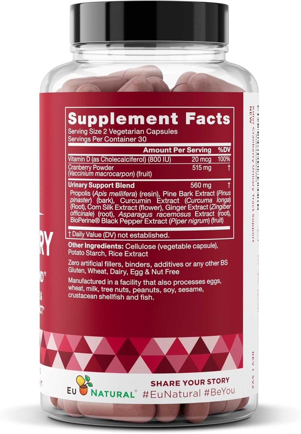 Eu Natural Propolis Vitamin D Cranberry blend bottle image, illustrates supplement synergy for everyday urinary care