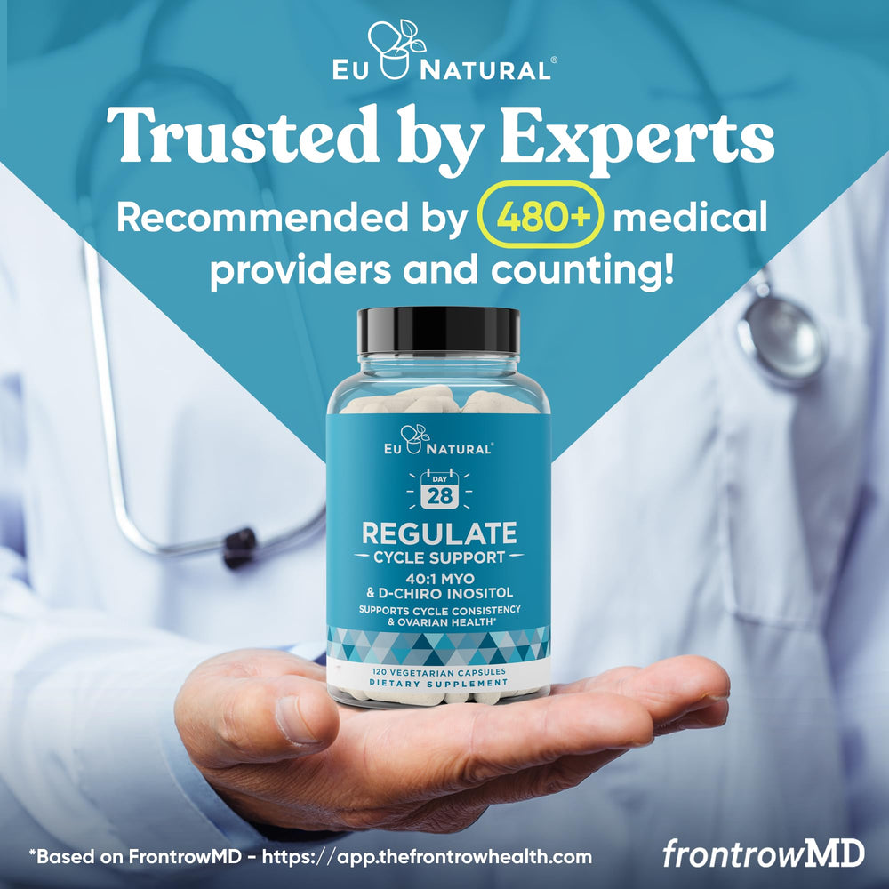 Eu Natural Regulate poured capsules illustrating convenient daily use.