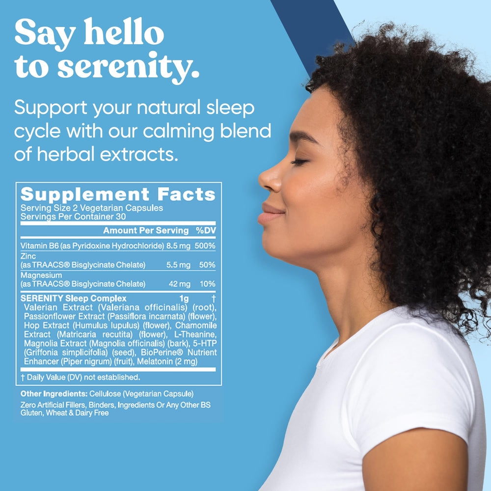 Eu Natural Serenity Sleep bottle back reveals dosage guidance for a gentle nightly routine.