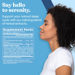 Eu Natural Serenity Sleep bottle back reveals dosage guidance for a gentle nightly routine.