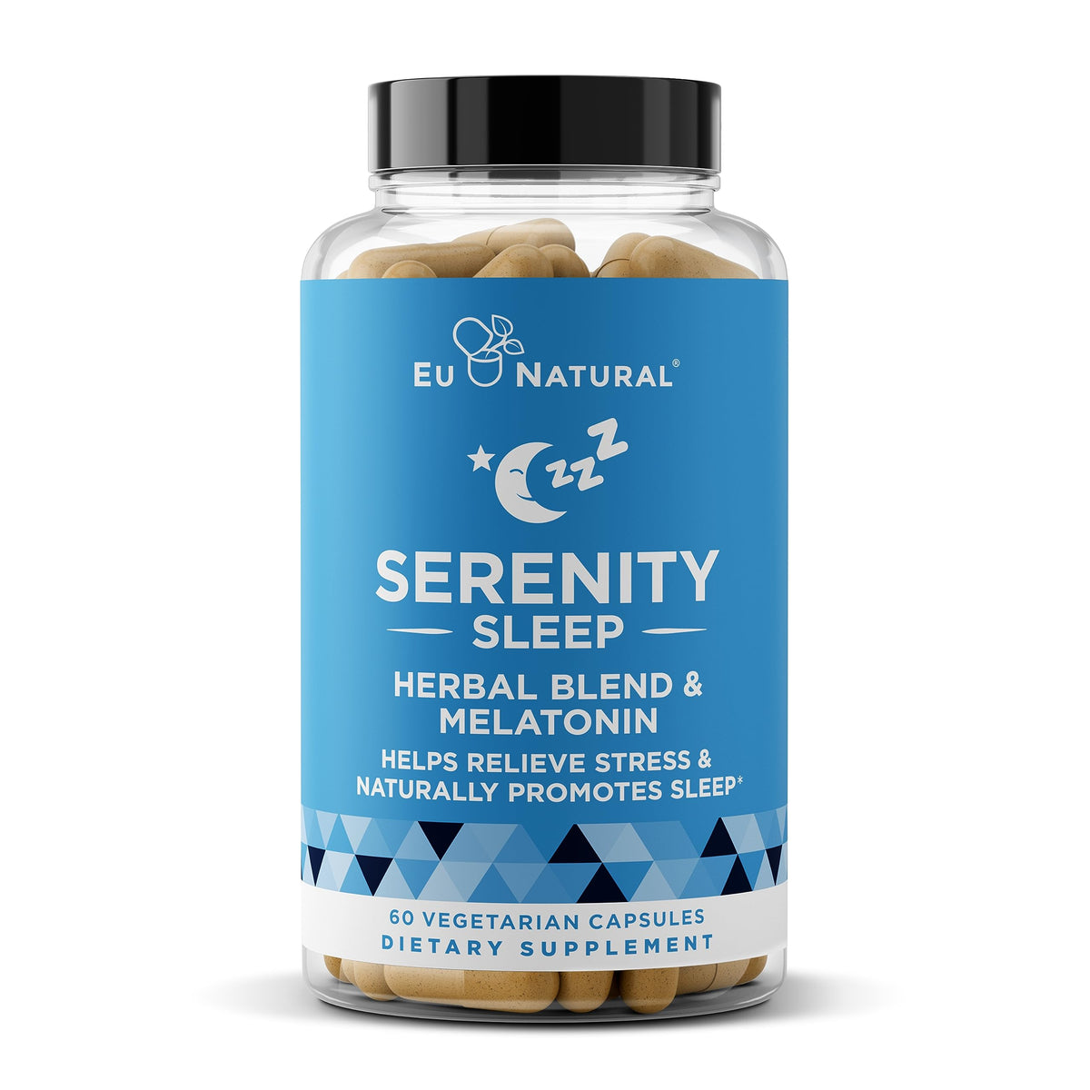 Eu Natural Serenity Sleep bottle front shows a calming, non-habit-forming night aid.