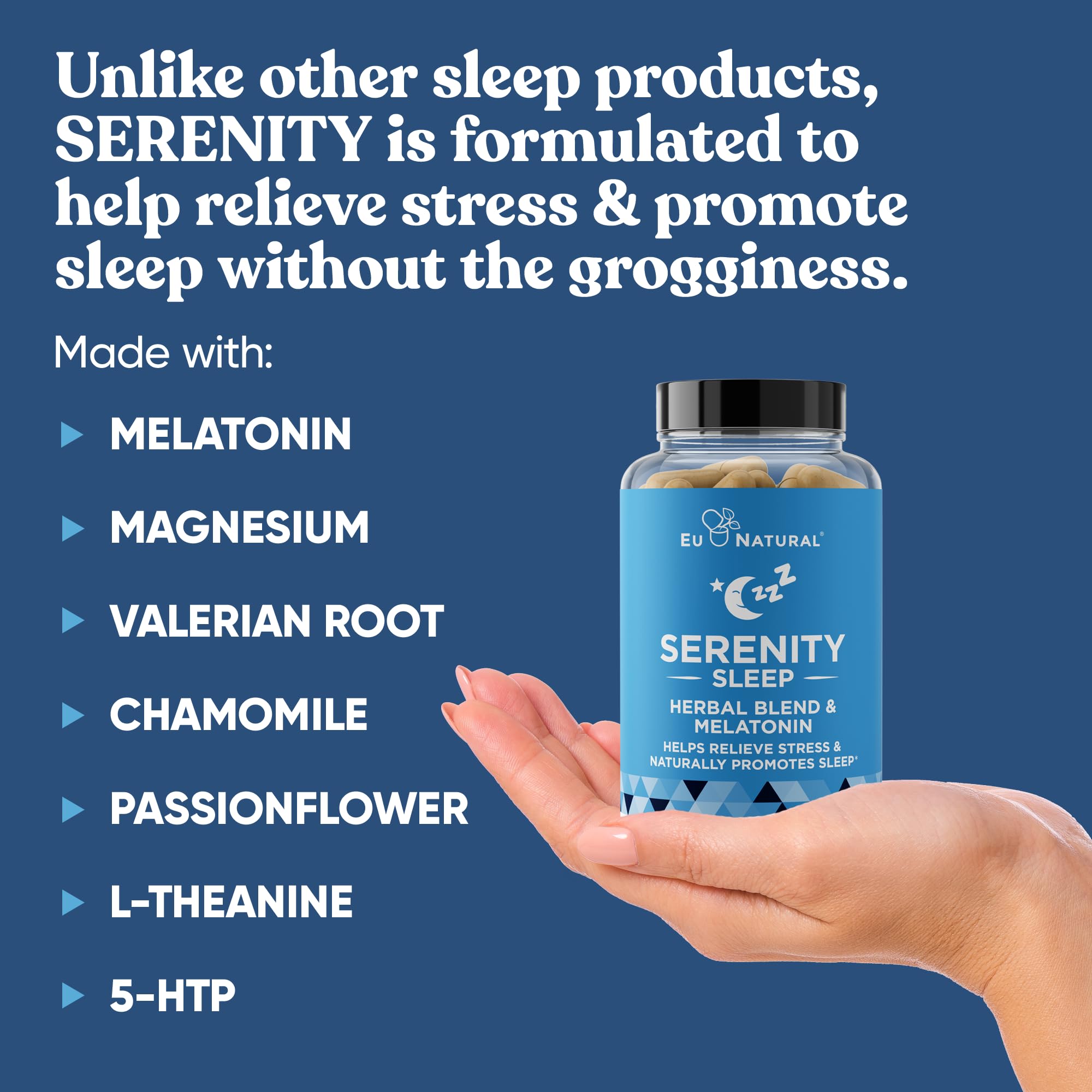 Eu Natural Serenity Sleep capsules closeup highlights vegetarian soft caps for easy bedtime ritual.