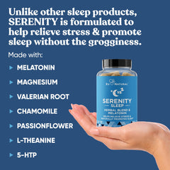 Eu Natural Serenity Sleep capsules closeup highlights vegetarian soft caps for easy bedtime ritual.