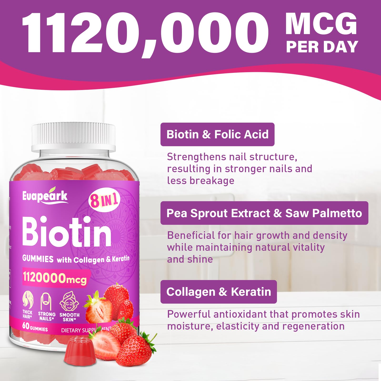 Euapeark Biotin Gummies promoting hair growth and elasticity.