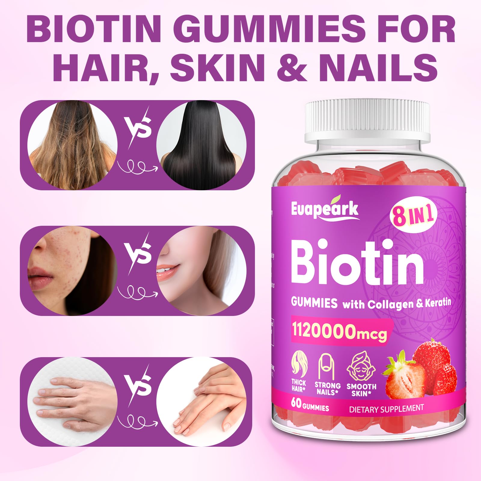 Euapeark Biotin Gummies supporting skin clarity and nail strength.