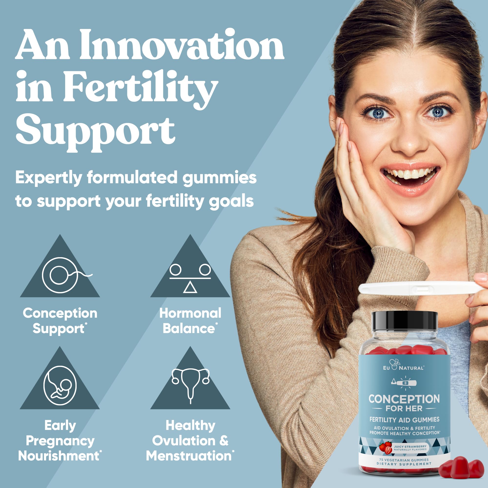 Eu Natural Conception for Her strawberry gummies close-up emphasizes flavor and routine ease