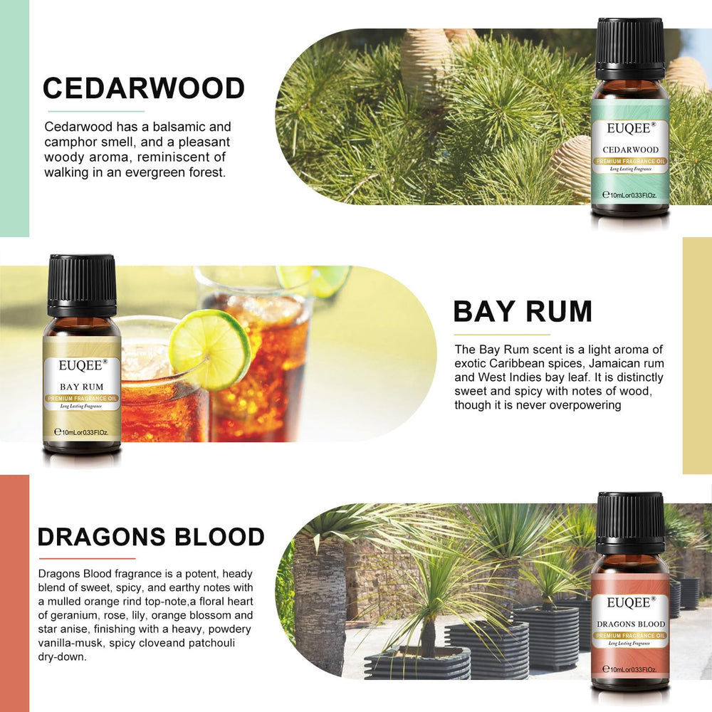 EUQEE Bay Rum fragrance oil 10ml, spicy-citrus twist for grooming rituals.