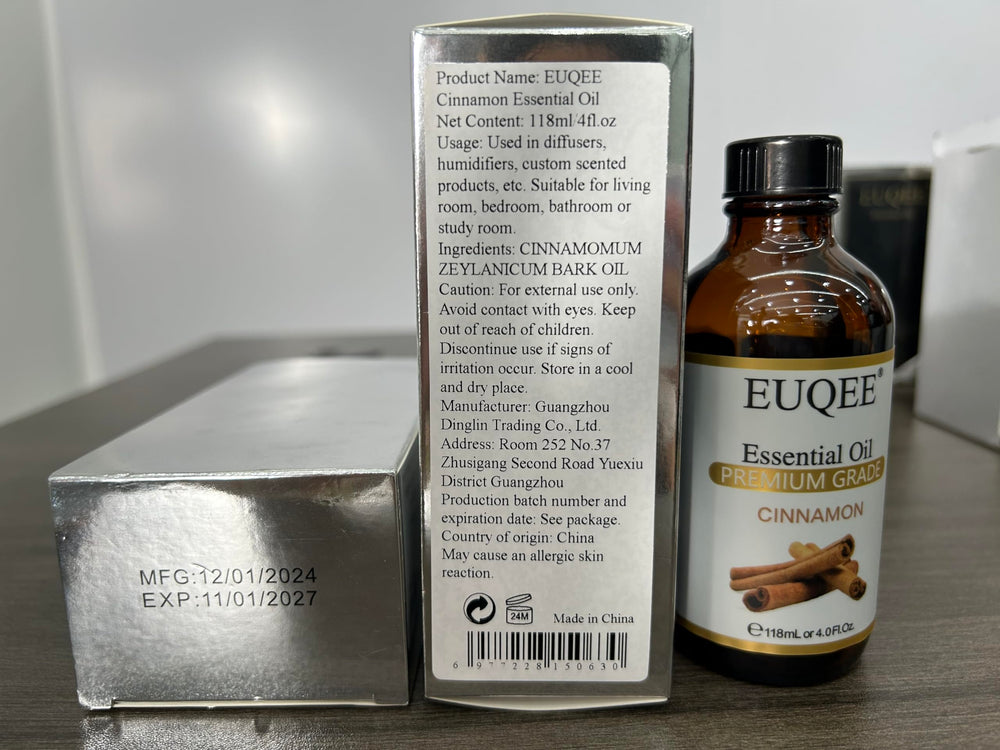 EUQEE Cinnamon essential oil packaging highlighting amber bottle protection