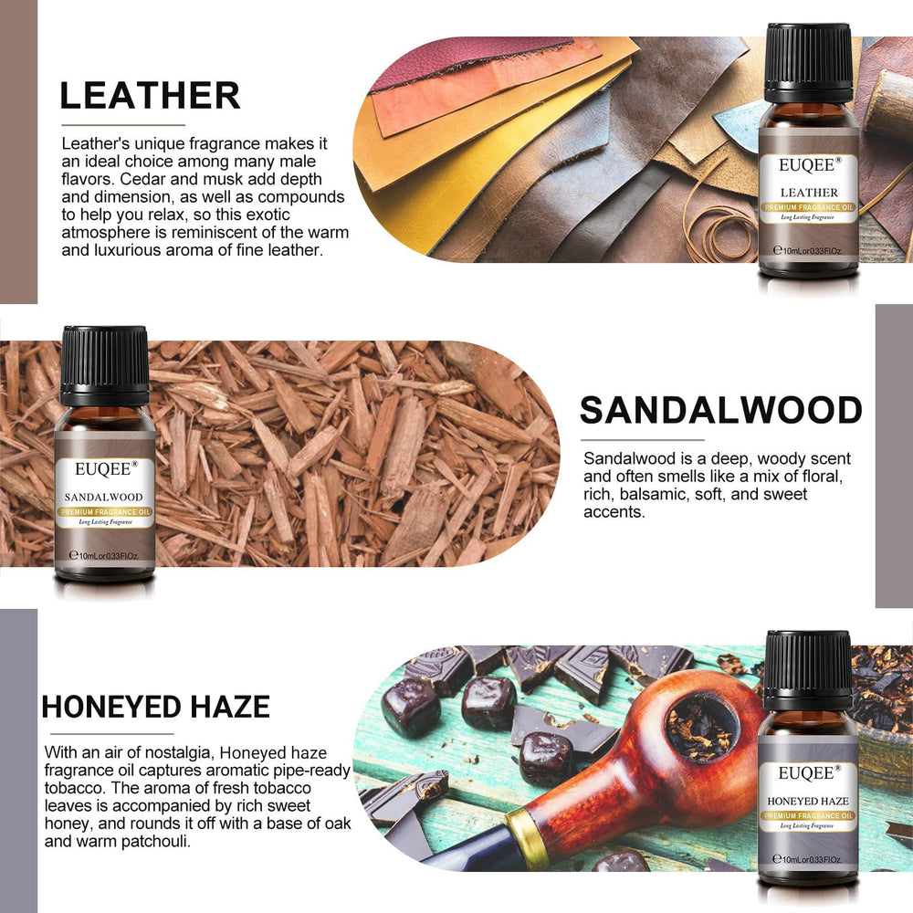 EUQEE Sandalwood fragrance oil 10ml, creamy woods for calm ambience.