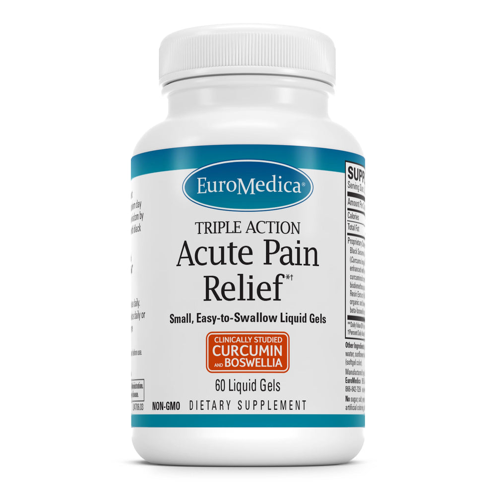 EuroMedica Acute Pain Relief bottle with BCM-95 curcumin supporting mobility.