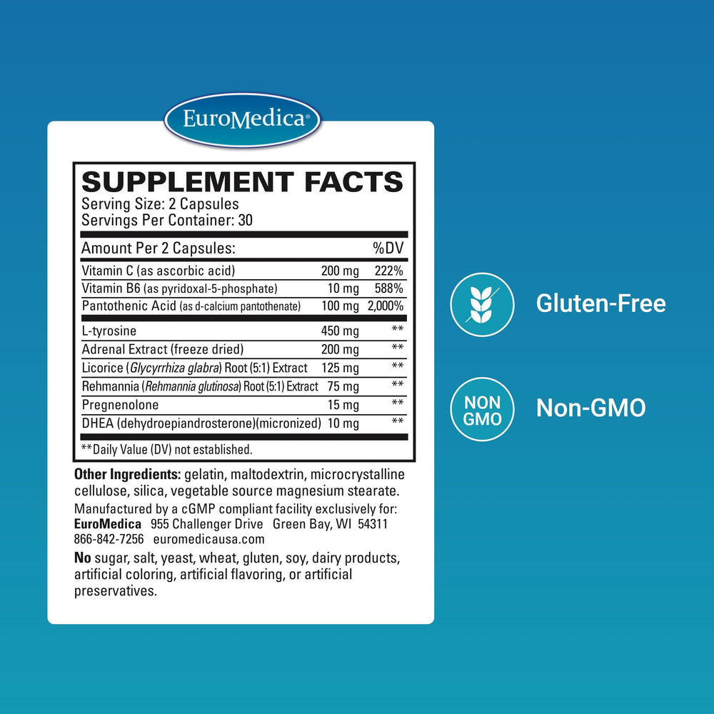 Capsules closeup of EuroMedica Adrenaplex showing supplement form for daily use