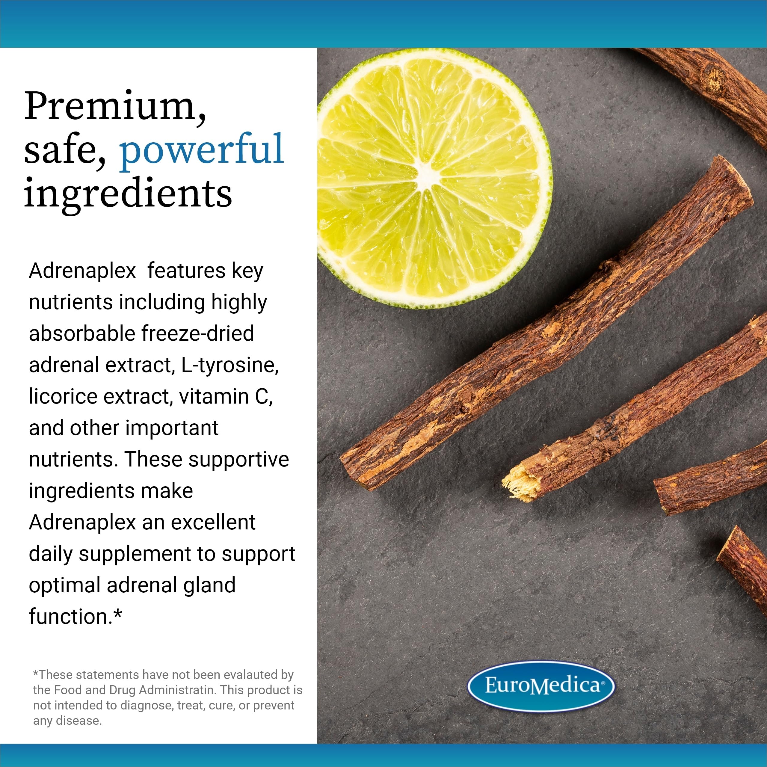 Poured EuroMedica Adrenaplex capsules illustrating daily intake routine