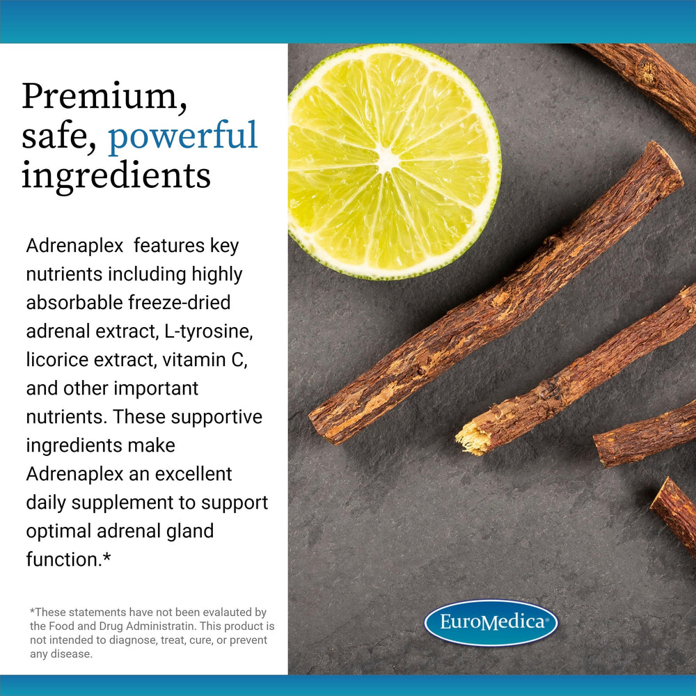 Poured EuroMedica Adrenaplex capsules illustrating daily intake routine