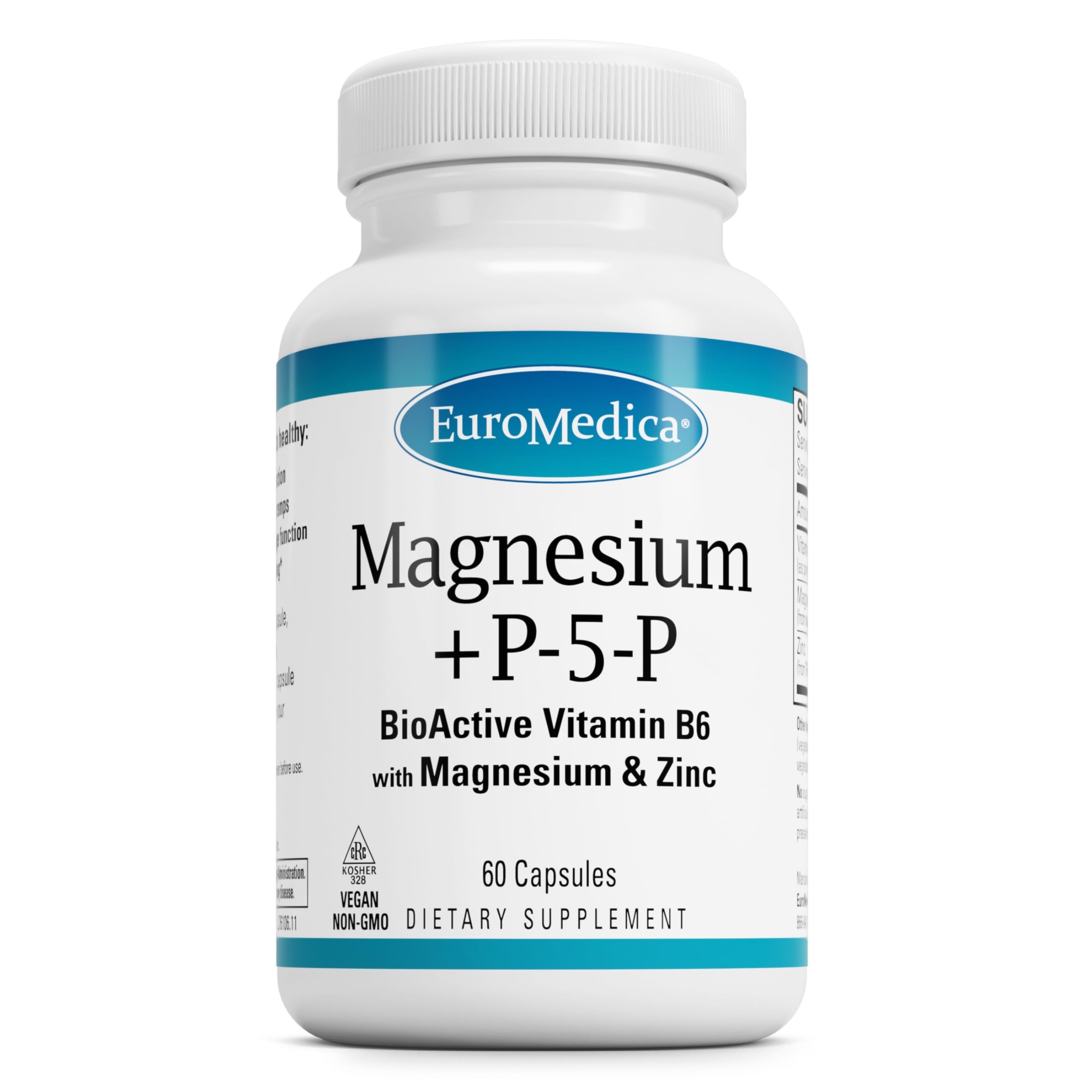 EuroMedica Magnesium + P-5-P bottle showing vegan capsules for bone and heart support