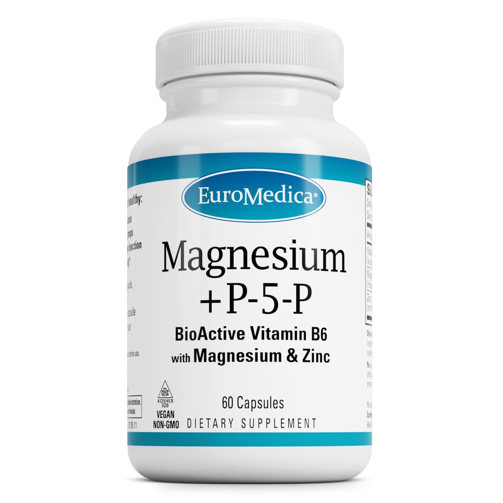 EuroMedica Magnesium + P-5-P bottle showing vegan capsules for bone and heart support