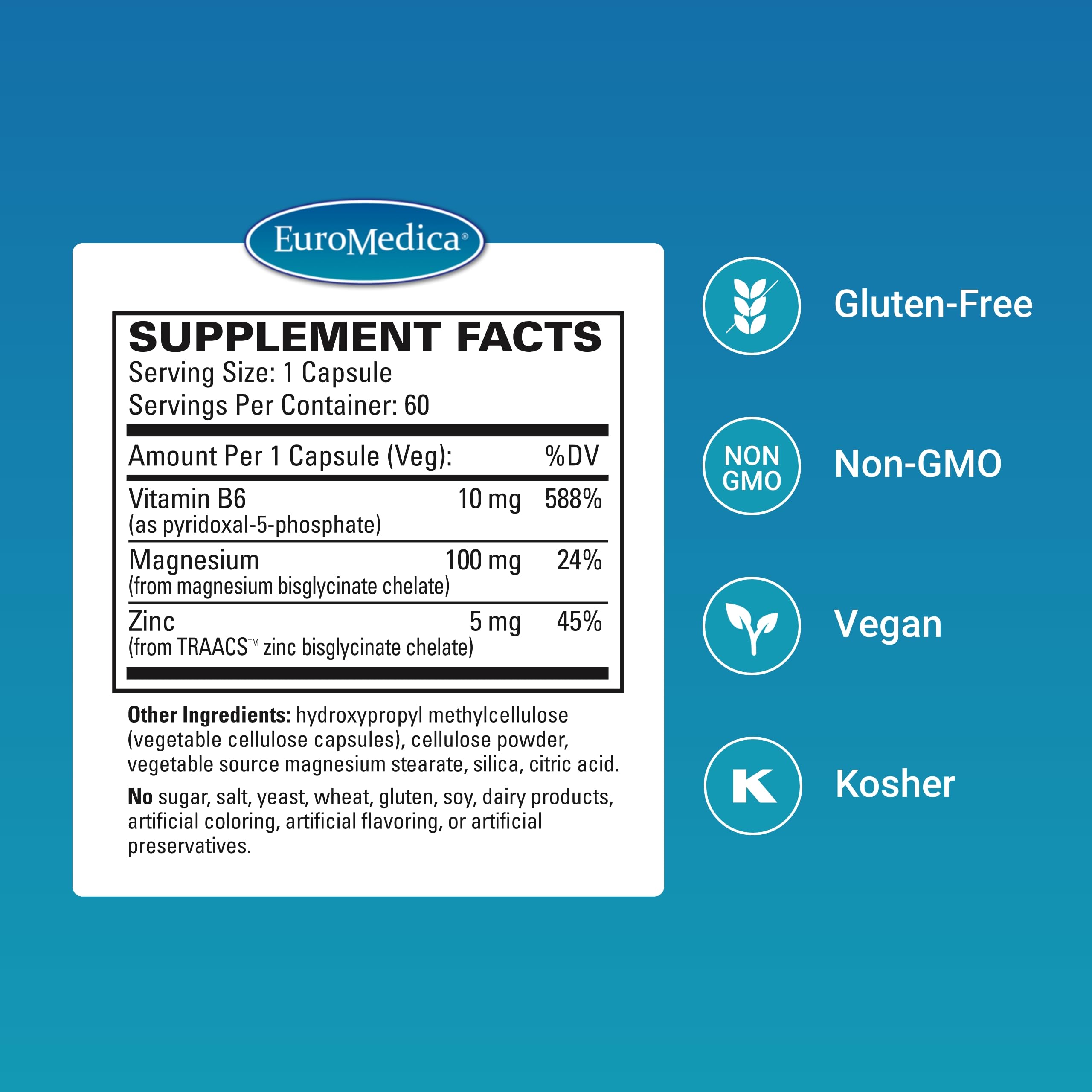 Close-up of EuroMedica Magnesium + P-5-P capsules highlighting vegan formula