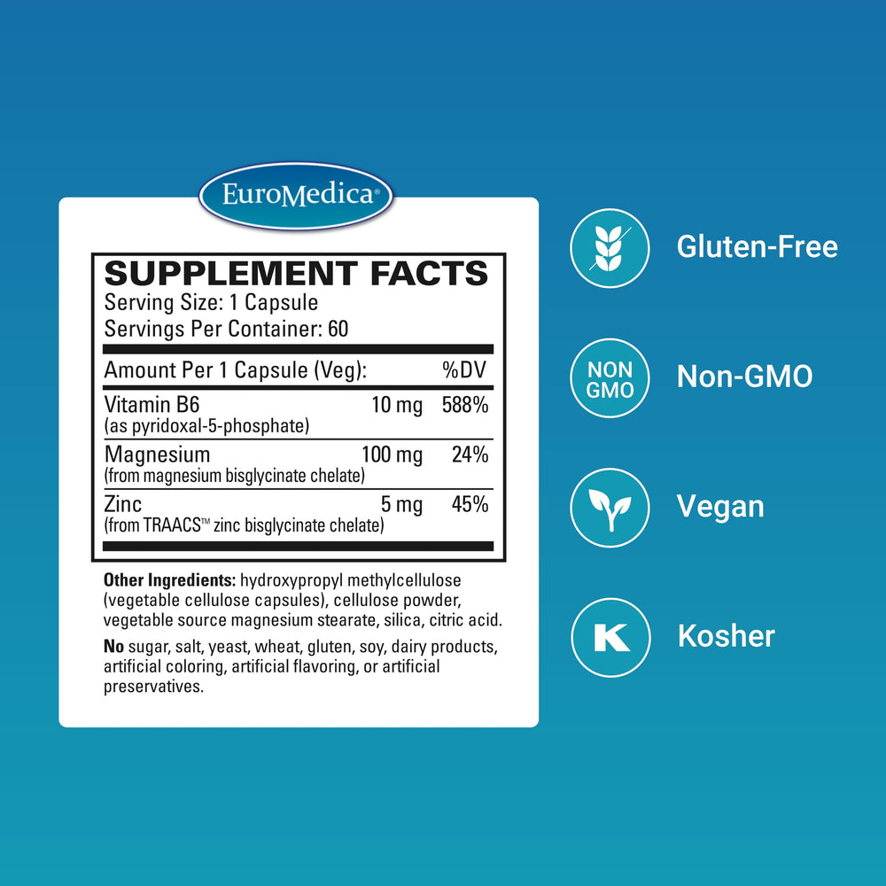 Close-up of EuroMedica Magnesium + P-5-P capsules highlighting vegan formula