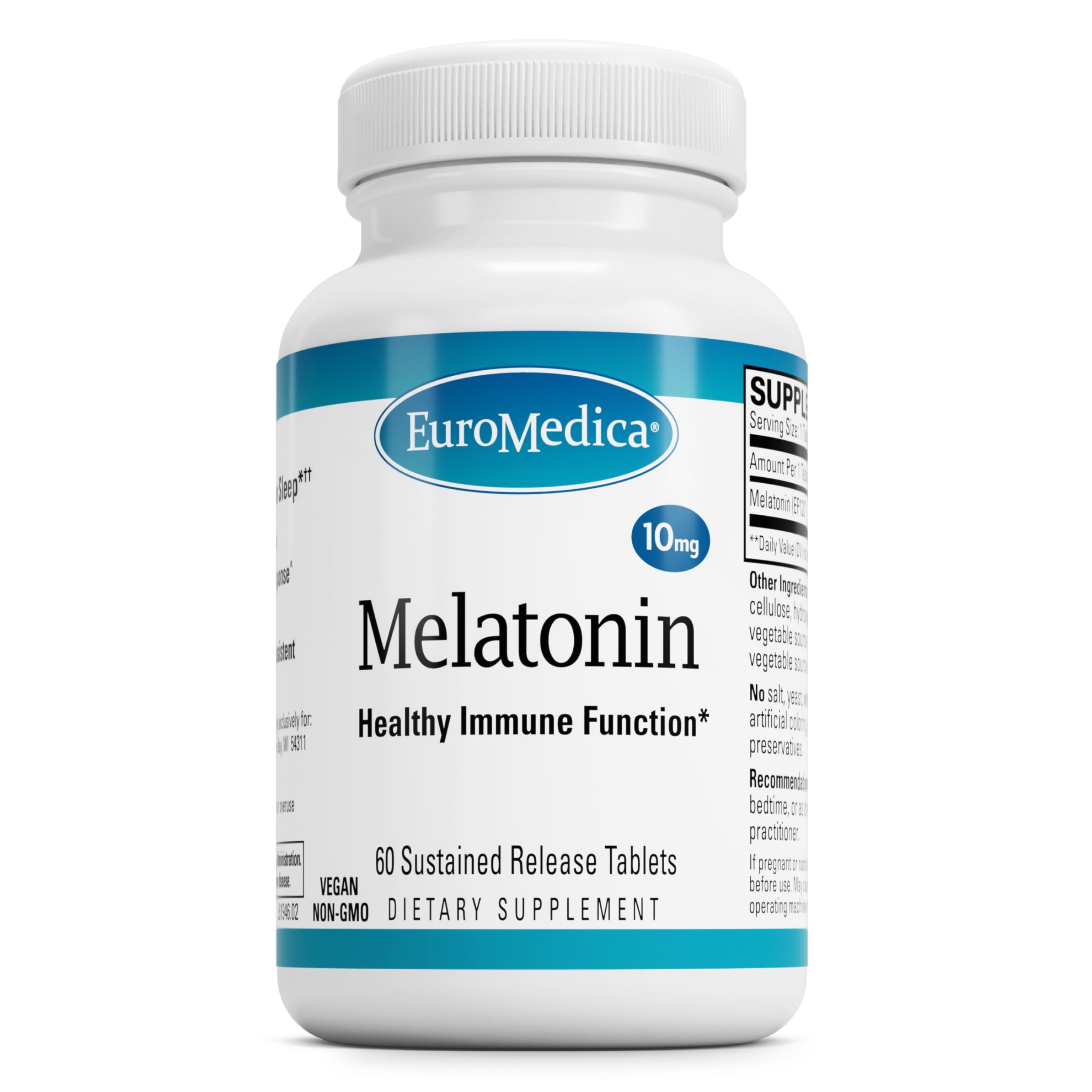 EuroMedica Melatonin bottle on nightstand suggests restful sleep support.