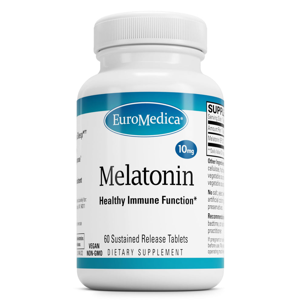 EuroMedica Melatonin bottle on nightstand suggests restful sleep support.