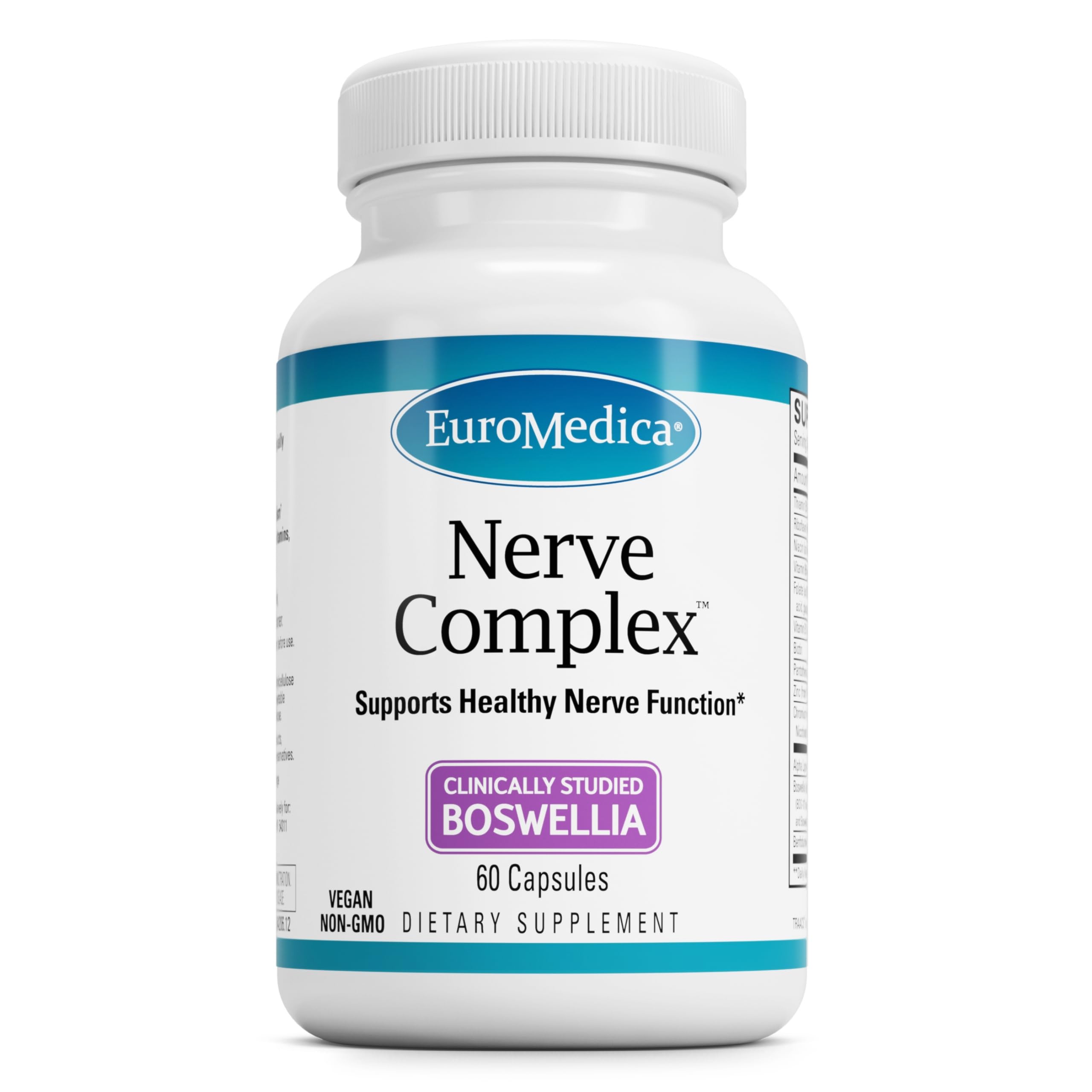 EuroMedica Nerve Complex bottle on table supports daily nerve health and circulation.