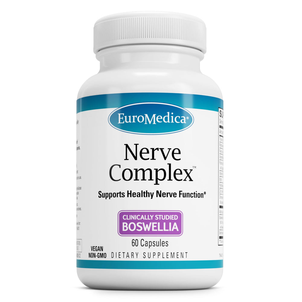 EuroMedica Nerve Complex bottle on table supports daily nerve health and circulation.
