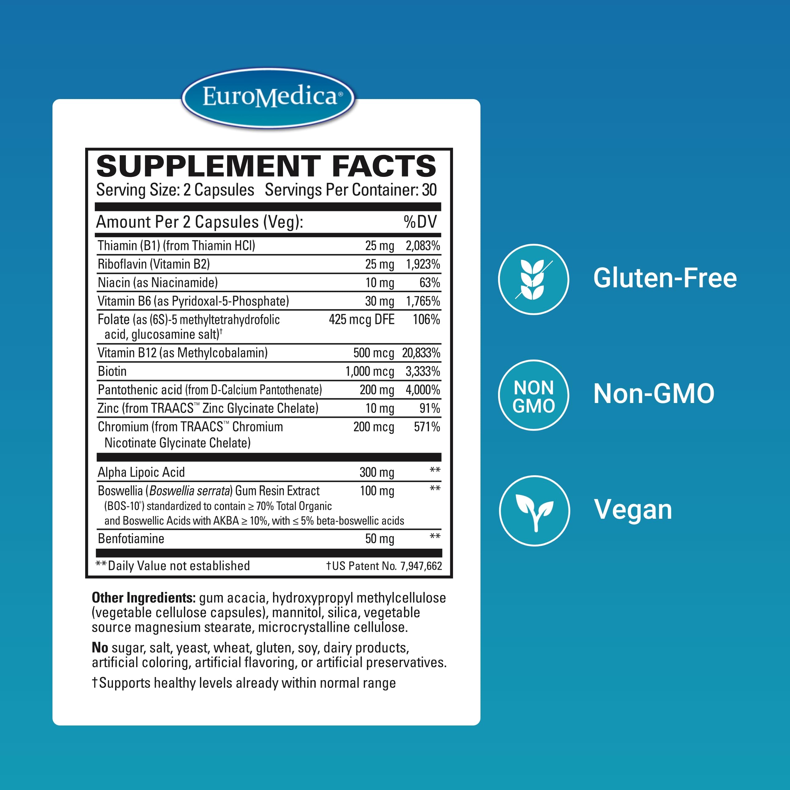 Close up of EuroMedica Nerve Complex capsules in a vegan formula.