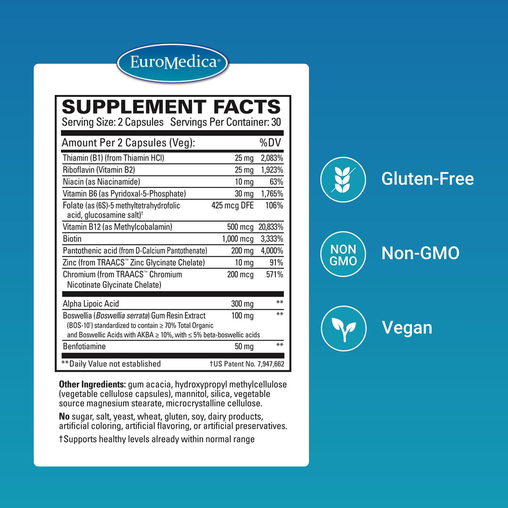 Close up of EuroMedica Nerve Complex capsules in a vegan formula.