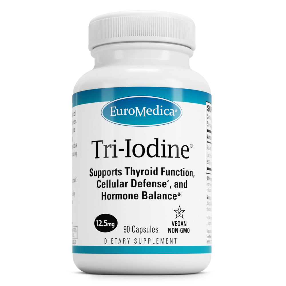 EuroMedica Tri-Iodine bottle showing capsules for daily thyroid support.