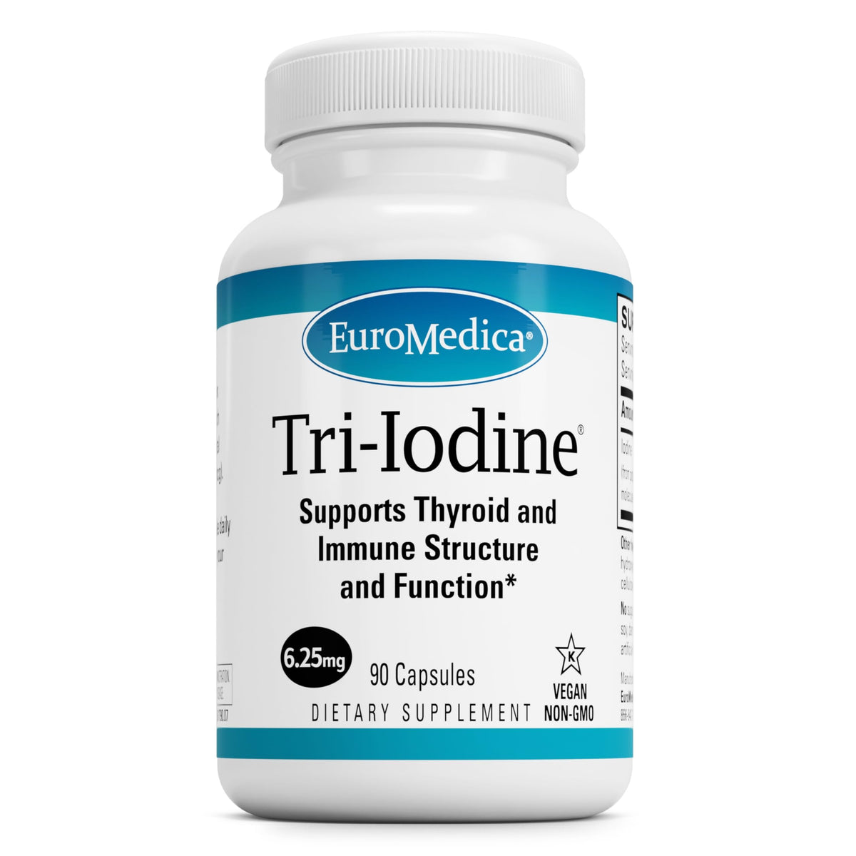 EuroMedica Tri-Iodine bottle with three-iodine formula for thyroid support.