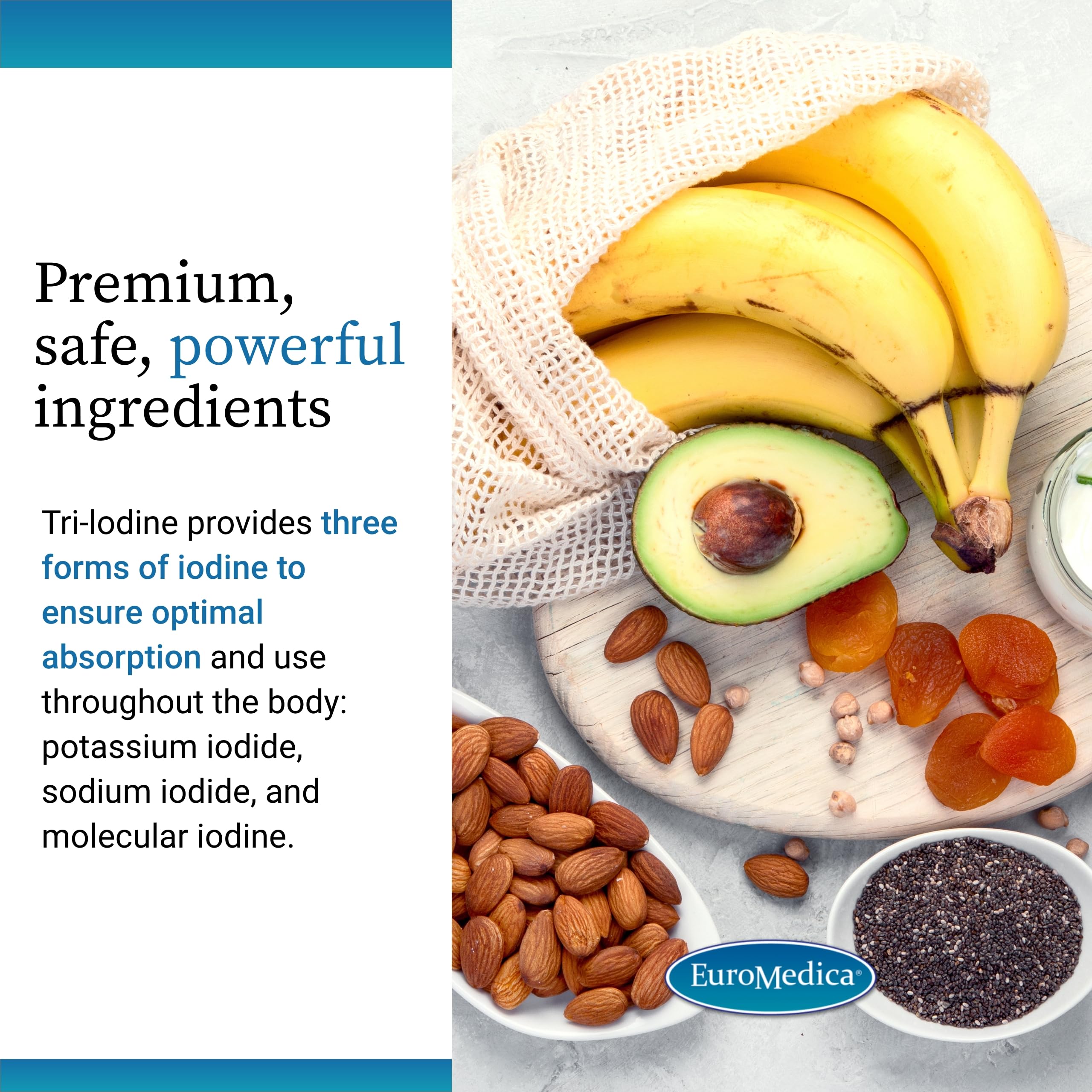 EuroMedica Tri-Iodine capsules ready for daily intake during wellness routine.