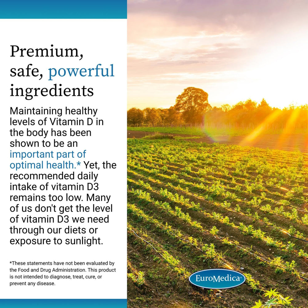 Allergen-free EuroMedica Vitamin D3 label – safe for sensitive users.