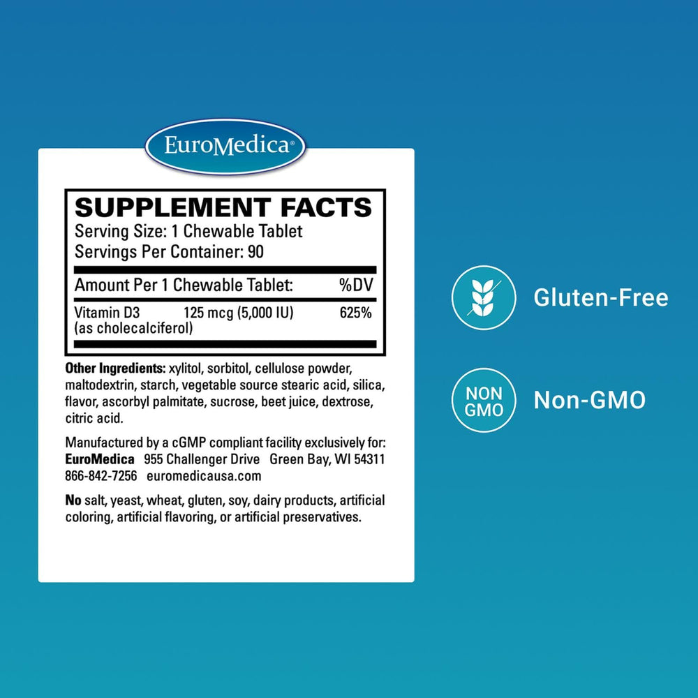 EuroMedica Vitamin D3 chewable berry tablets – daily immune and brain health aid.