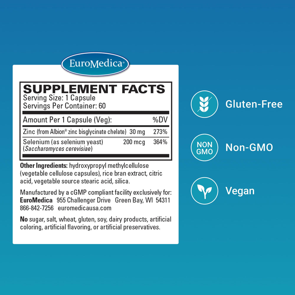 EuroMedica Zinc Plus Selenium capsules closeup, highlighting daily immune activity and respiratory support.