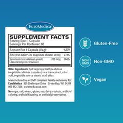 EuroMedica Zinc Plus Selenium capsules closeup, highlighting daily immune activity and respiratory support.