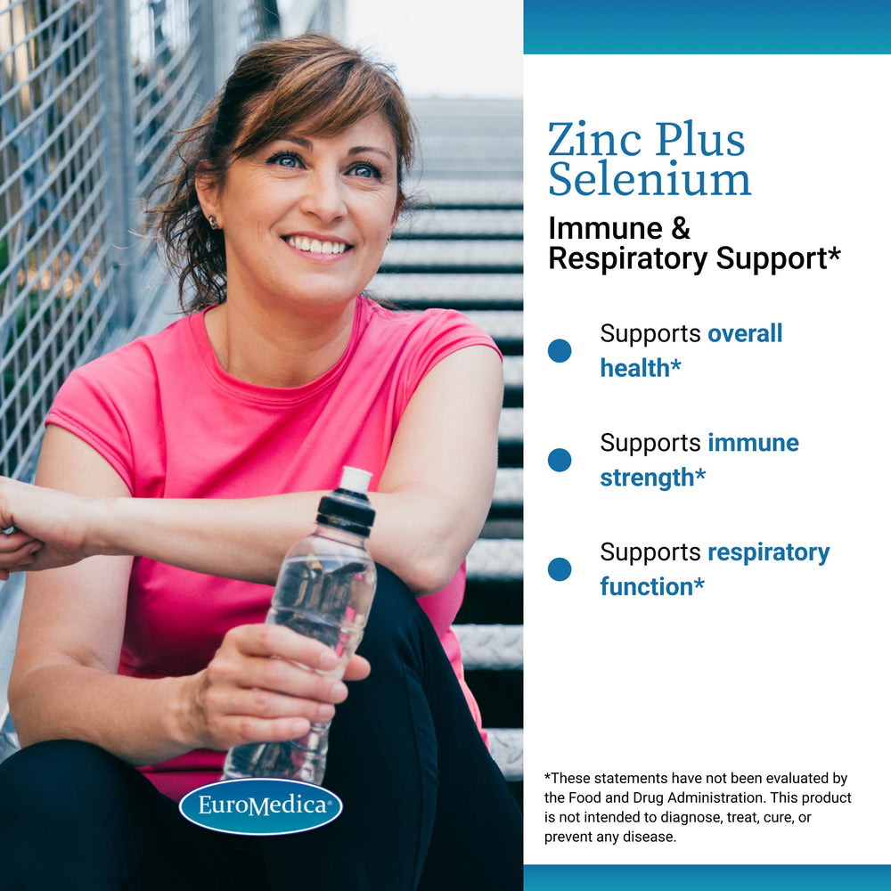 EuroMedica Zinc Plus Selenium label front, allergen-friendly mineral formula.
