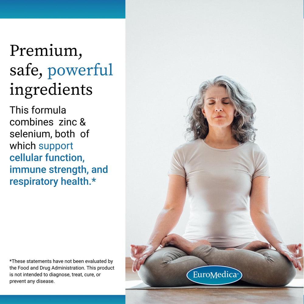 EuroMedica Zinc Plus Selenium packaging, clear allergen-free benefits for everyday wellness.