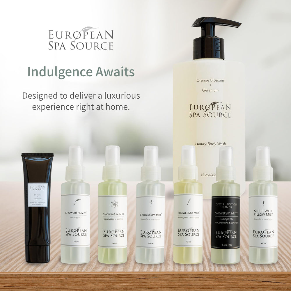 Eucalyptus leaves and European Spa Source bottle highlighting natural aroma