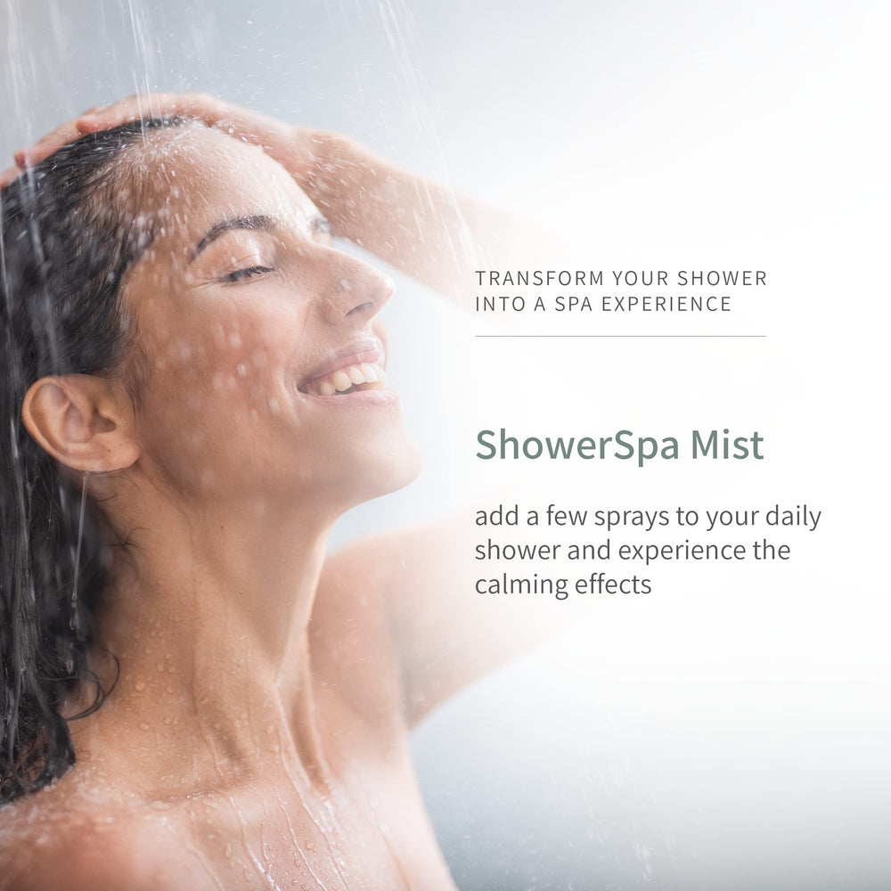 Closeup of European Spa Source eucalyptus shower mist releasing soothing aroma