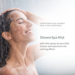 Closeup of European Spa Source eucalyptus shower mist releasing soothing aroma