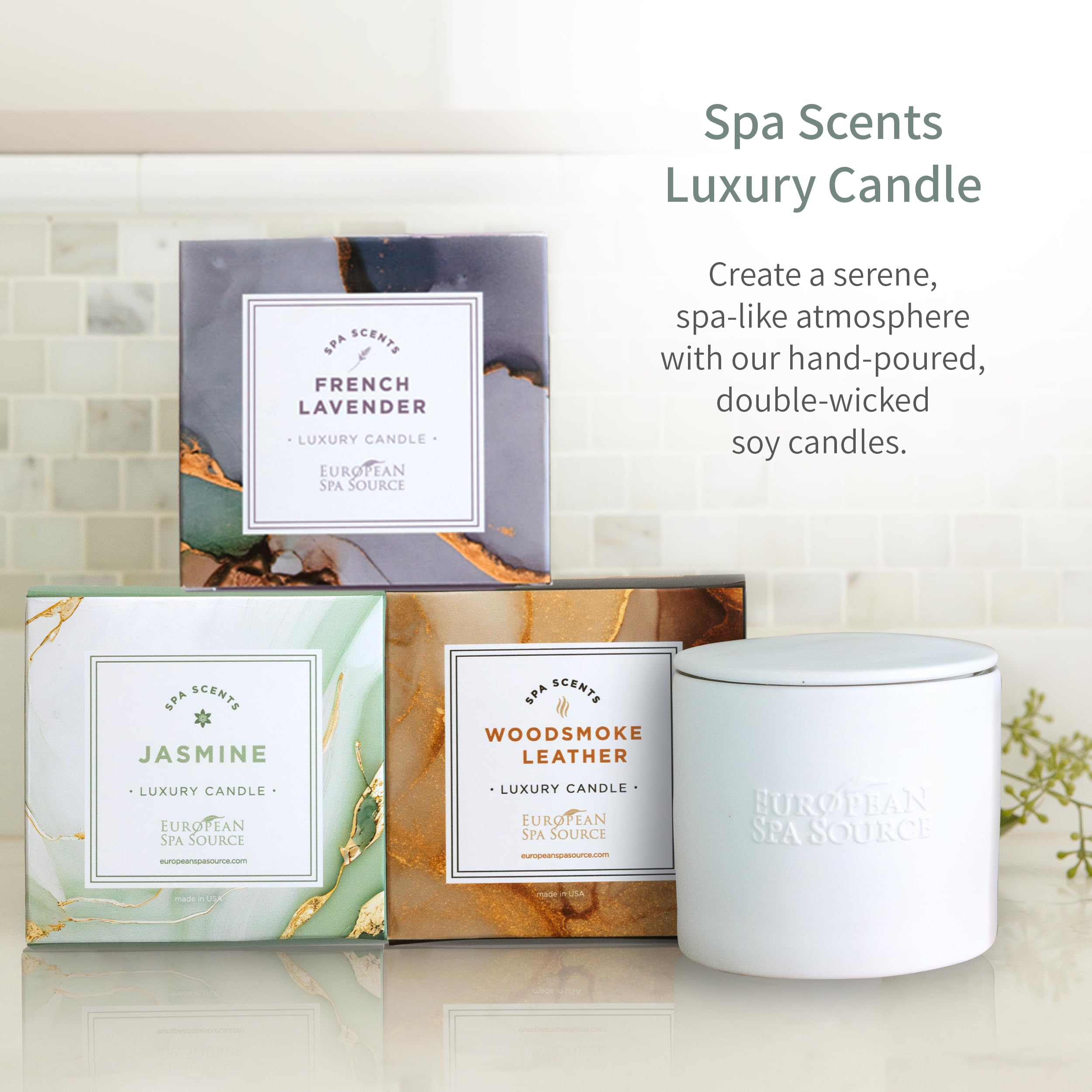 Relaxation scene with European Spa Source eucalyptus shower product in a serene bath
