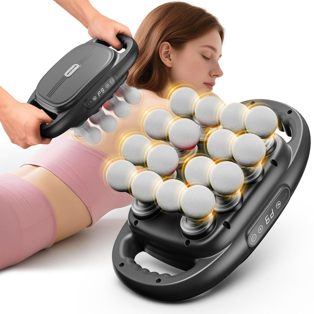 EURPMASK 16-head massage gun front view for deep tissue relief and portability.