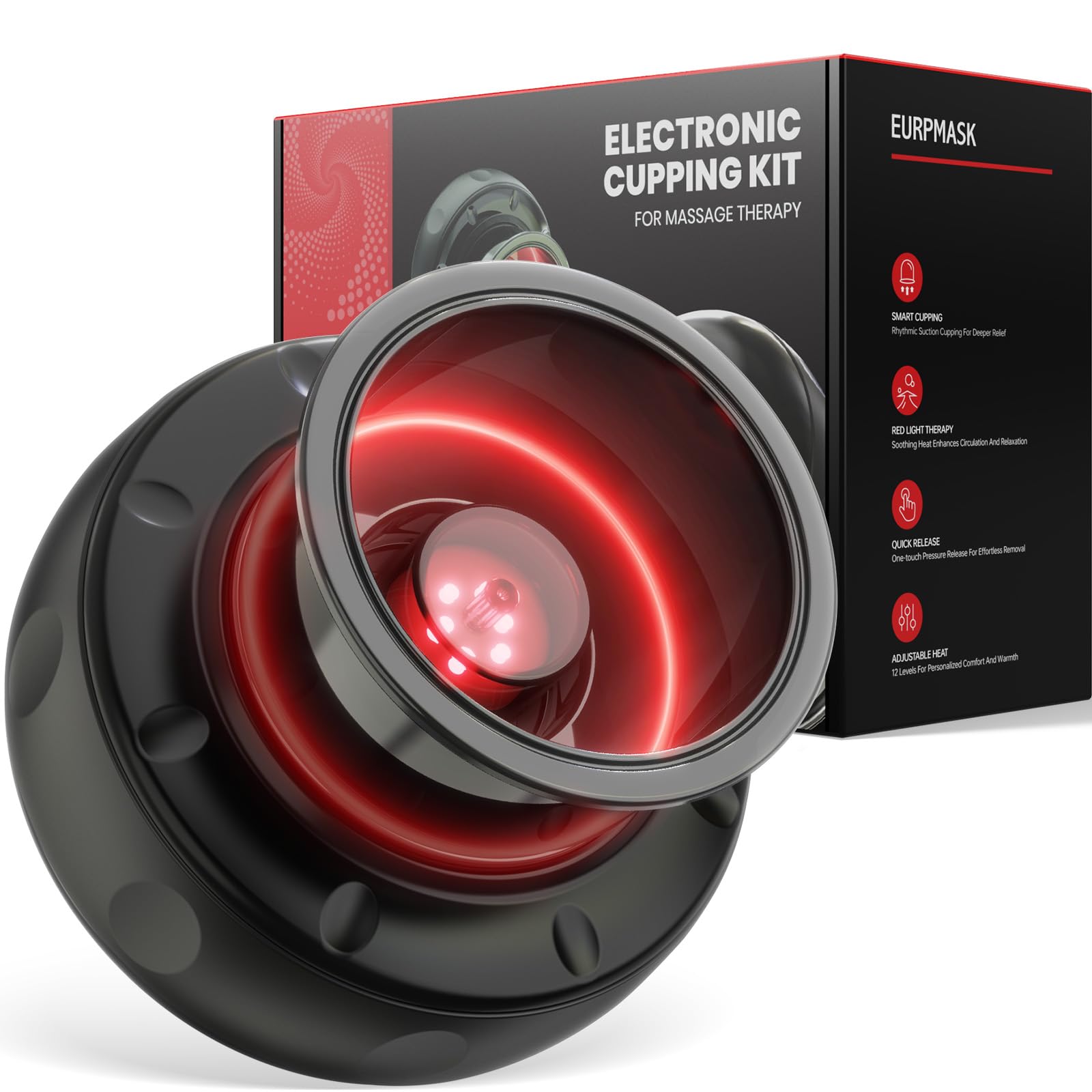EURPMASK 5-in-1 cupping kit with red light, front view for comfortable muscle relaxation.