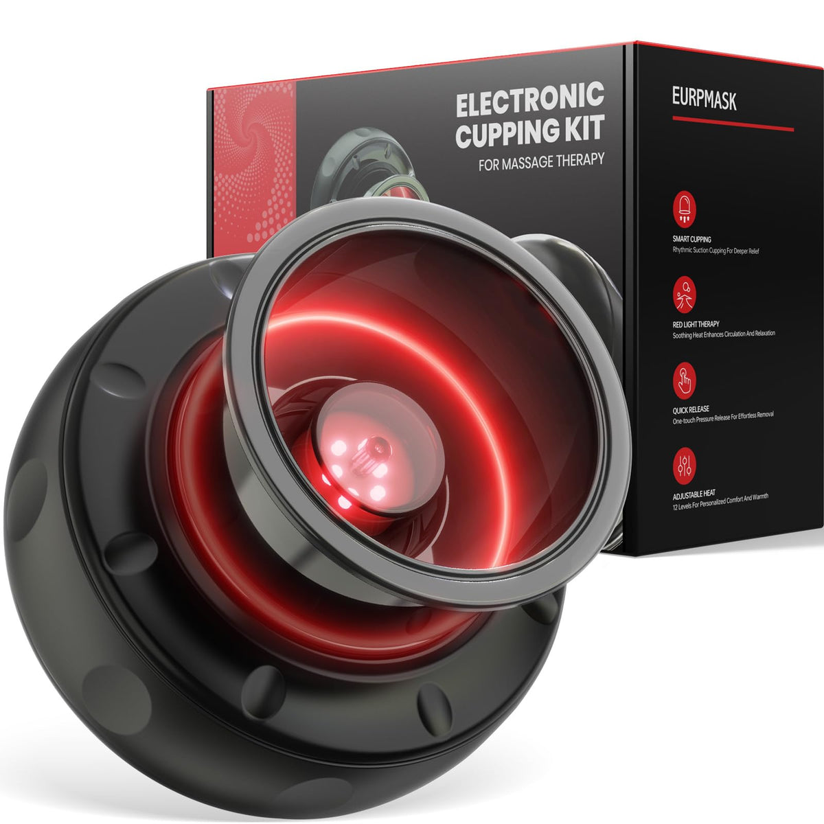 EURPMASK 5-in-1 cupping kit with red light, front view for comfortable muscle relaxation.