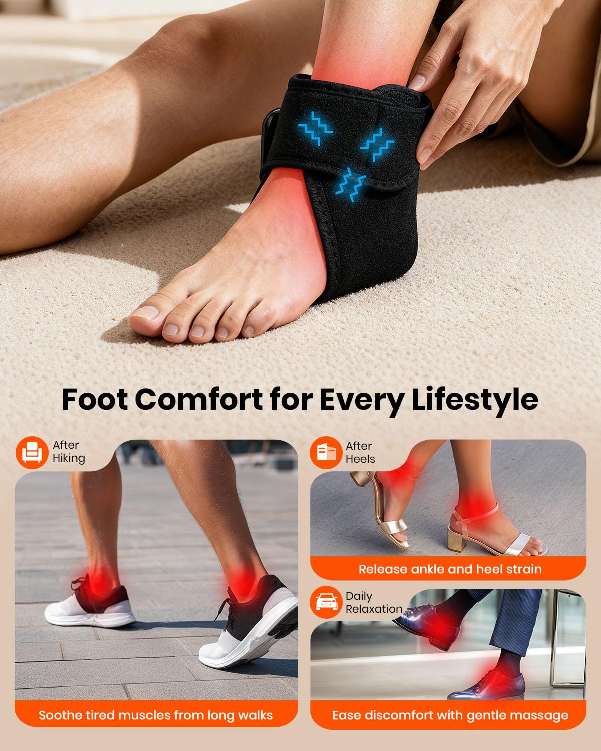 EURPMASK Foot Renew massager applied to heel, arch, and ankle for versatile relief.